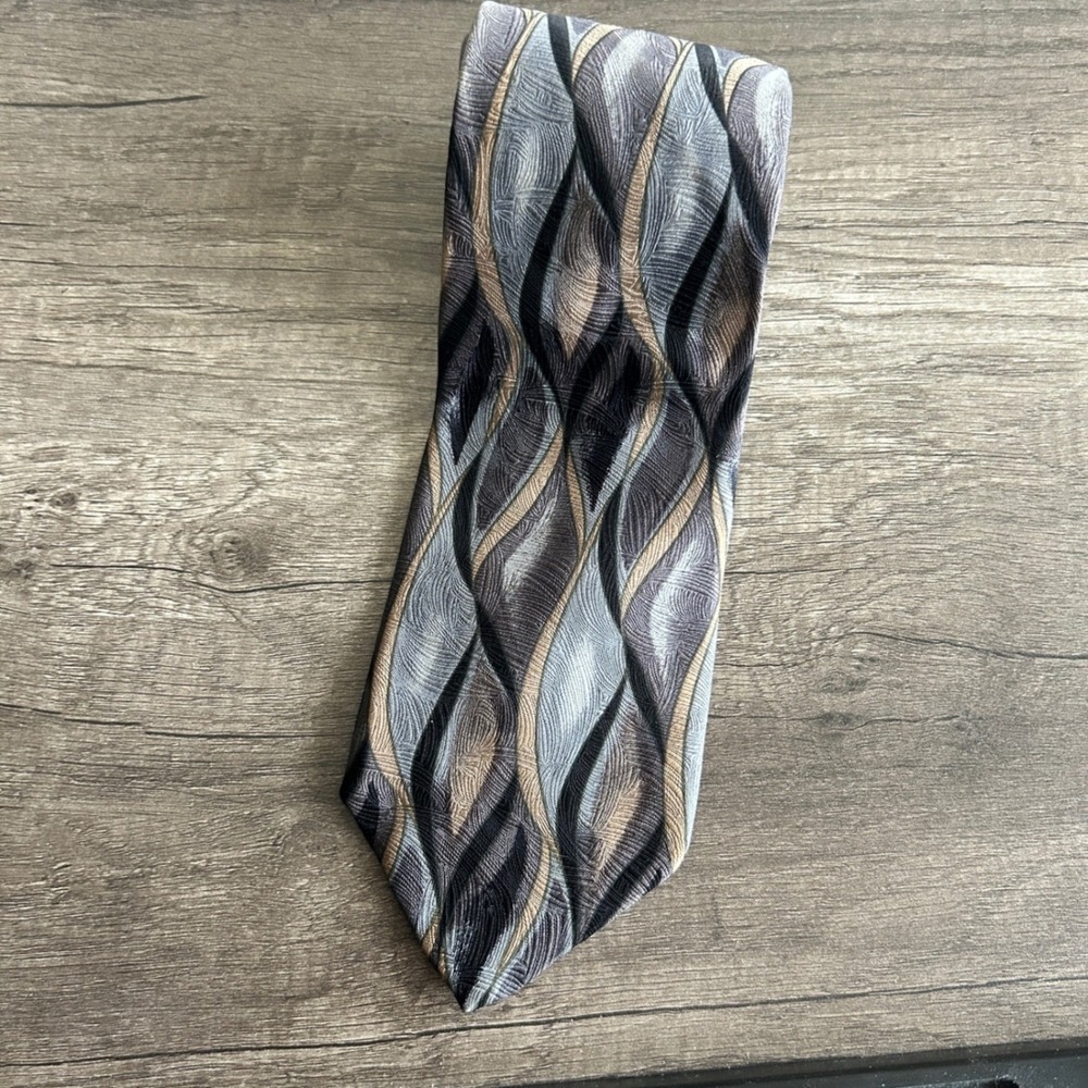 Tom James Men‎ Abstract Geometric Silk Necktie OS Grey Wavy Corporate Formal